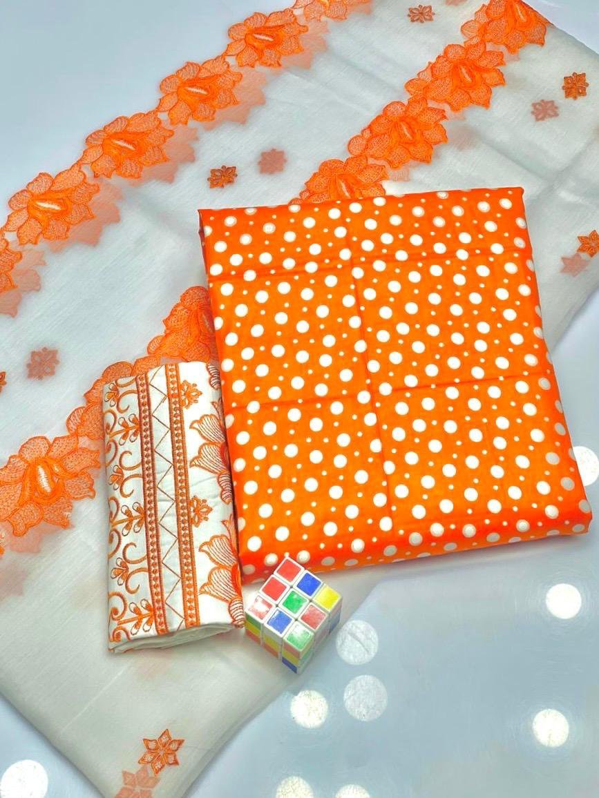 Premium Cut Work Polka Dots Lawn Cotton 3 Piece Suit | Heavy Embroidered Chiffon Dupatta - Image 6