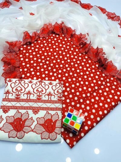 Premium Cut Work Polka Dots Lawn Cotton 3 Piece Suit | Heavy Embroidered Chiffon Dupatta