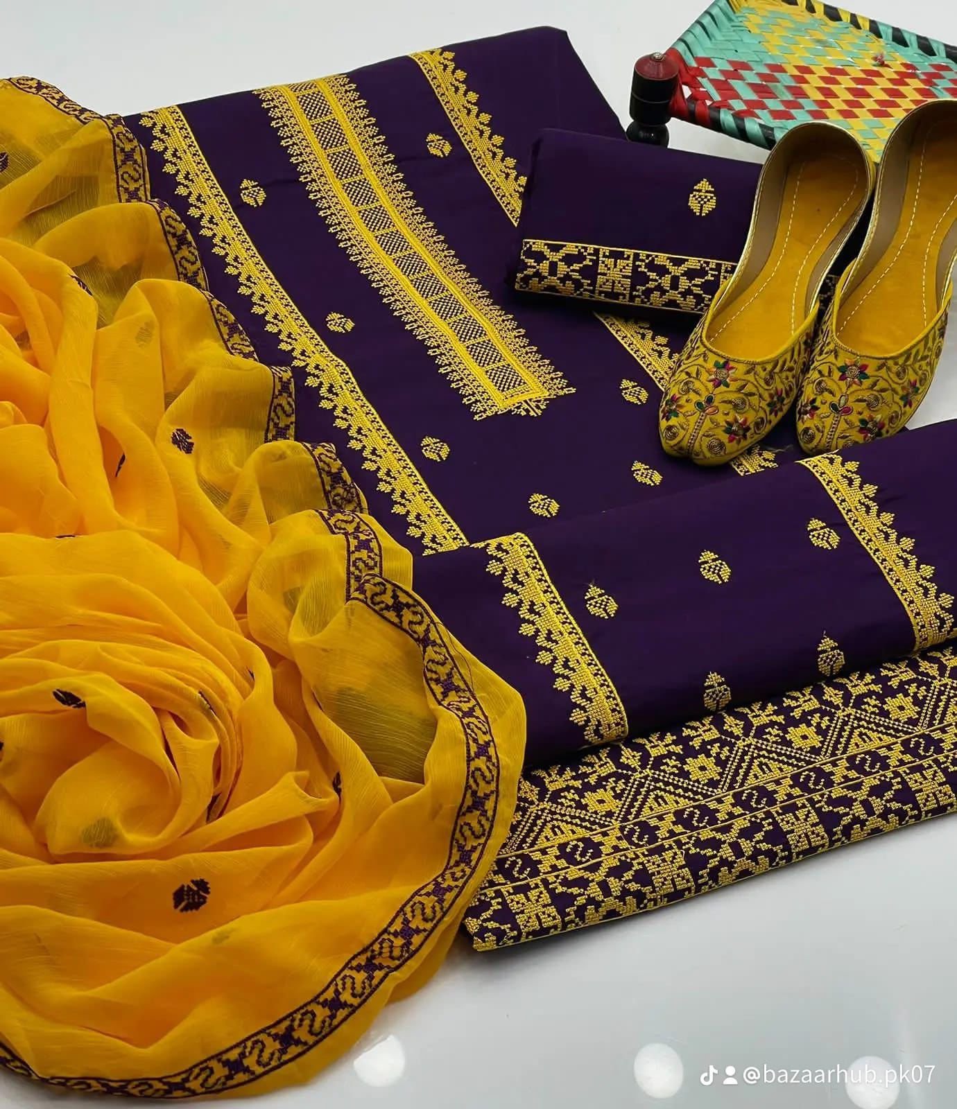 New Collection 2026 Cotton 3PC Suit with Cross Stitch Embroidery & Chiffon Dupatta