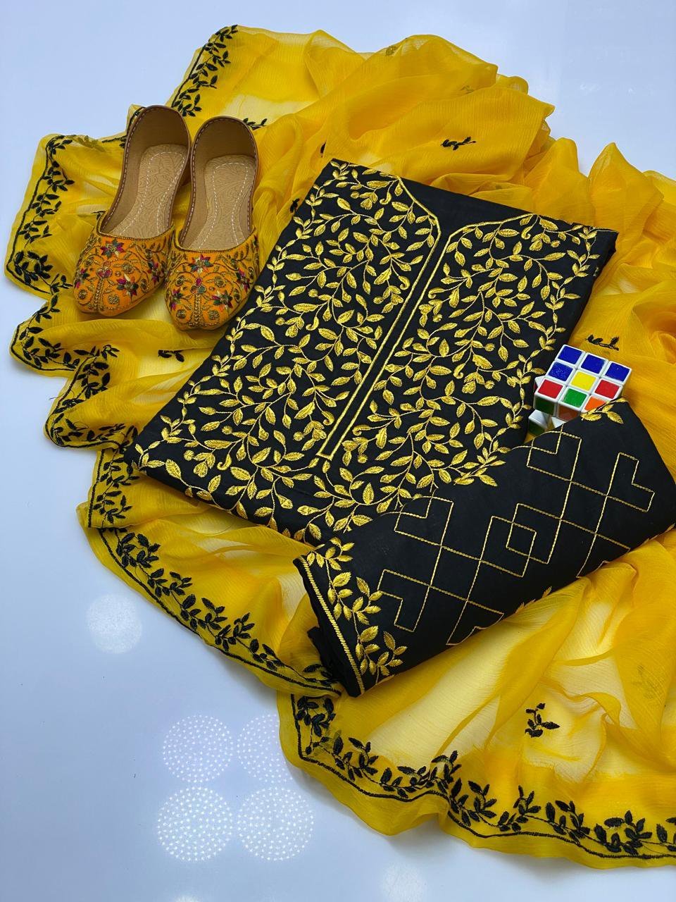 Bareeze Black & Yellow Lawn 3PC Suit | Full Embroidery with Chiffon Dupatta - Image 2