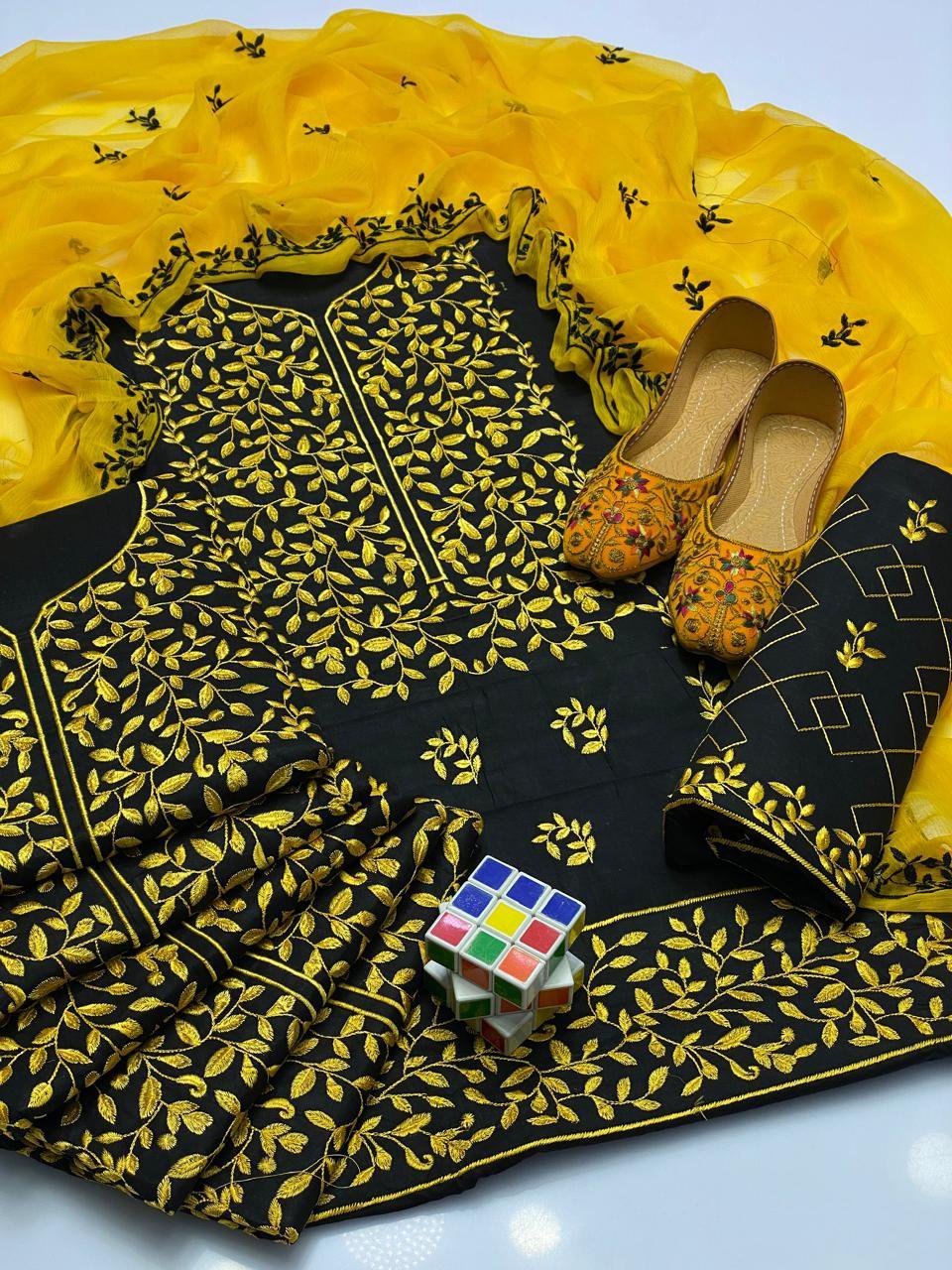 Bareeze Black & Yellow Lawn 3PC Suit | Full Embroidery with Chiffon Dupatta - Image 5