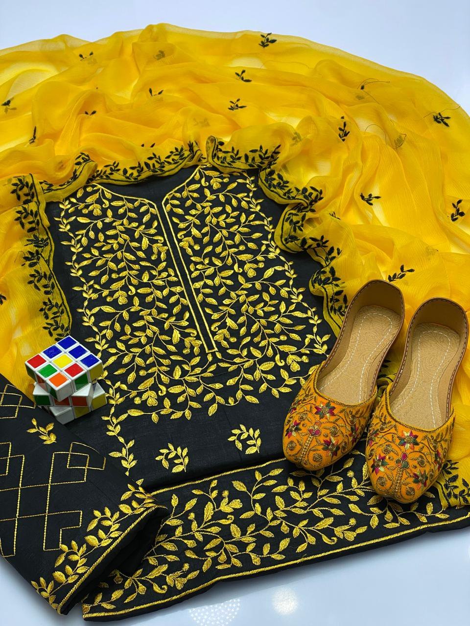 Bareeze Black & Yellow Lawn 3PC Suit | Full Embroidery with Chiffon Dupatta - Image 3