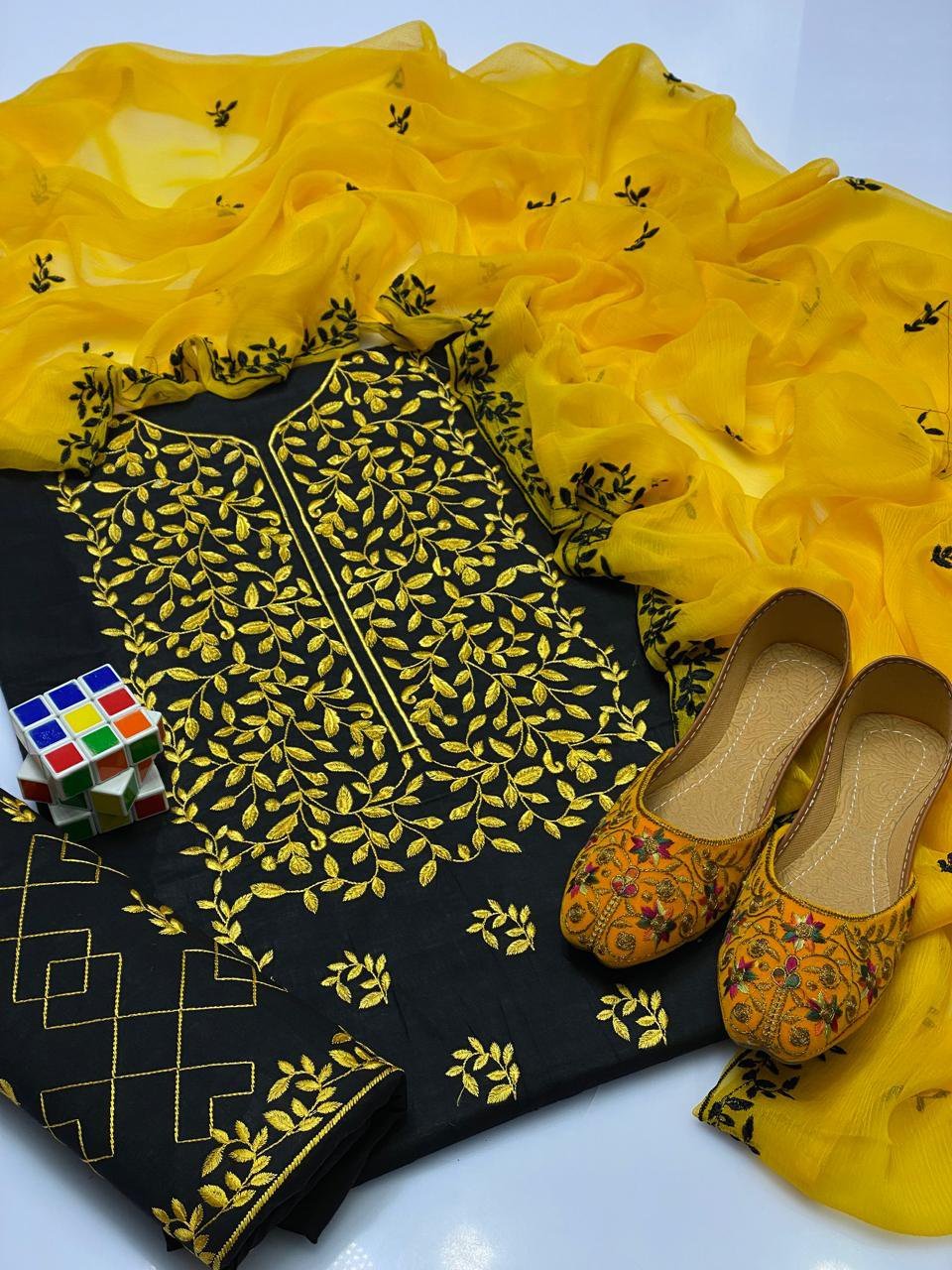 Bareeze Black & Yellow Lawn 3PC Suit | Full Embroidery with Chiffon Dupatta - Image 4
